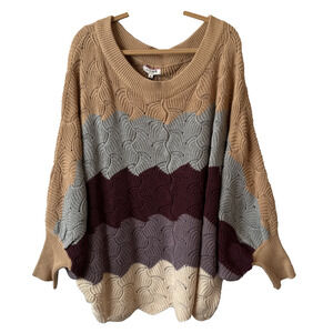 Andree By Unit NWT Women’s 1X Boho Scallop Knit Stripe Dolman Oversized Sweater